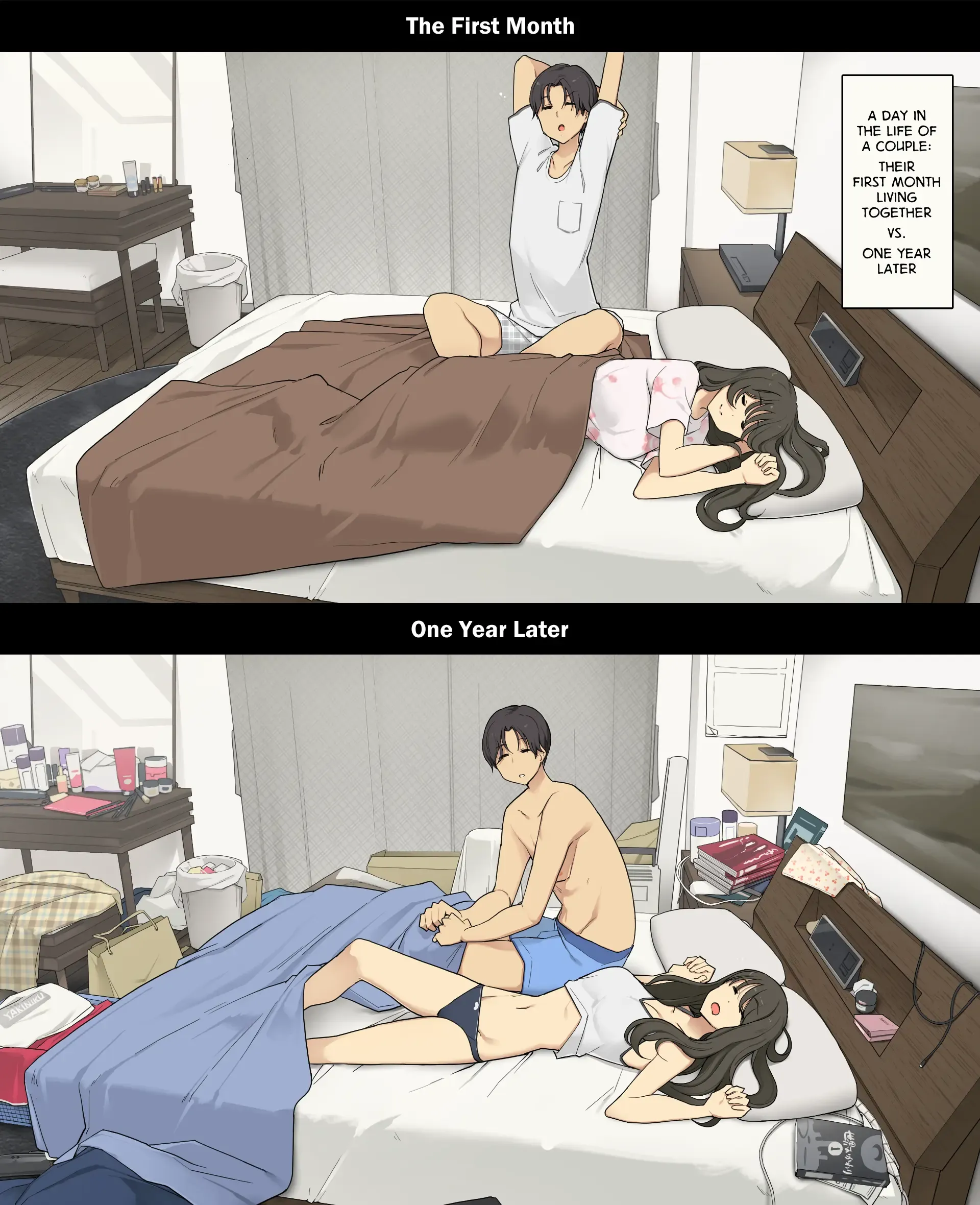 Dousei Seikatsu Ikkagetsume to Ichinen Ato, Asaokite kara Shuushin made no Hikaku | A Day in the Life of a Couple: Their First Month Living Together vs. One Year Later